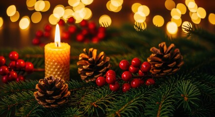 Warm glowing candle nestled among pine cones, red berries, and evergreen branches with festive bokeh lights