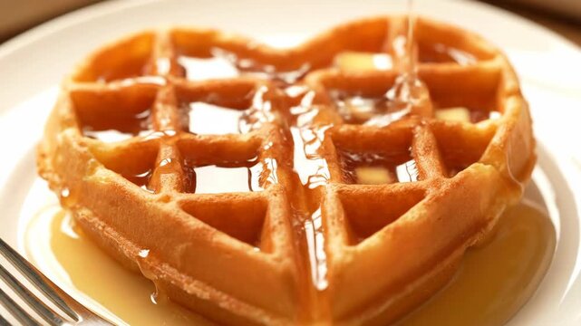 Golden waffle being drizzled with syrup on a white plate.