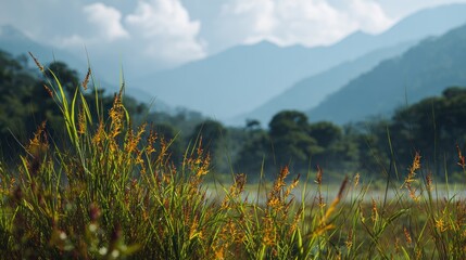 Serene Mountain Landscape with Golden Grass and Lush Greenery in Focus
