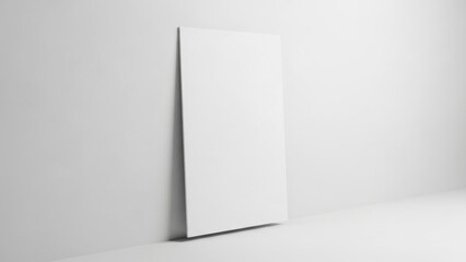 Blank white poster leaning against a white wall in a white room.