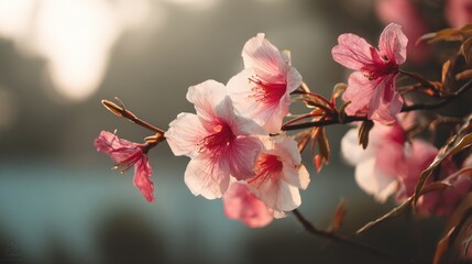 Delicate pink blossoms on a branch, softly illuminated by natural light