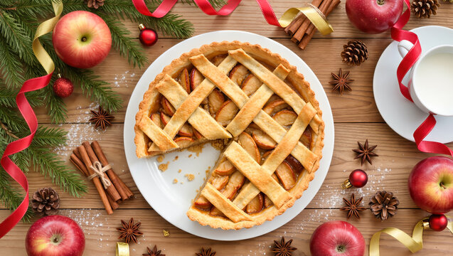 Christmas apple pie with lattice crust on white plate, surrounded by festive decor, cinnamon sticks, apples, and fir branches. Holiday dessert concept.
