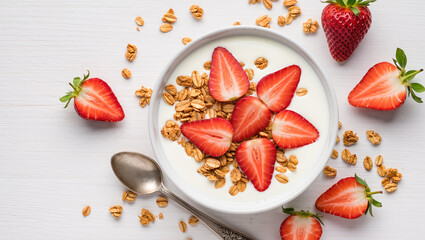 Healthy breakfast bowl with yogurt, granola, and fresh strawberries served on a white wooden background with vintage spoon. Nutritious and simple meal.