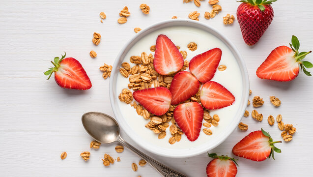 Healthy breakfast bowl with yogurt, granola, and fresh strawberries served on a white wooden background with vintage spoon. Nutritious and simple meal.