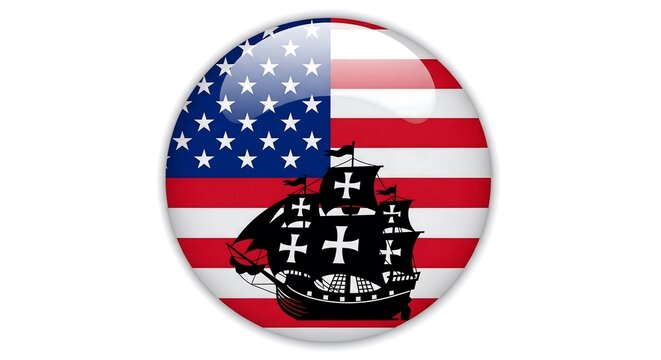 Columbus Day illustration depicting the Nina, Pinta, and Santa Maria sailing ships overlaid on an American flag in a glossy button