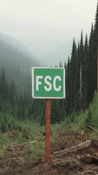 Green FSC sign stands in a clearing with logging debris and young growth Tall evergreen trees recede into heavy mountain