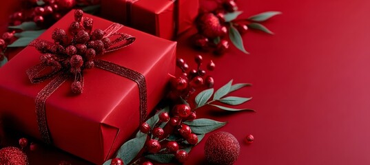 Beautifully Wrapped Bright Red Christmas Gift Surrounded by Festive Ornamental Berries and Decor