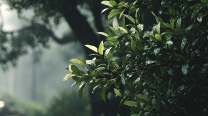 A close-up shot of a tree branch in the mysterious light of foggy day