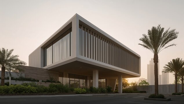 Modern architectural house with palm trees at sunset