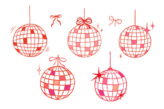 Disco ball with stars and coquette bow. Hand drawn vector doodle illustrations set. Whimsical mirror ball