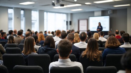 Diverse audience attending a business presentation or conference in a modern conference room