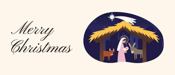 Christmas Web Banner with Mary Holding Baby Jesus in the Stable under Night Sky and Star of Bethlehem