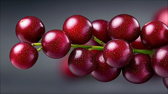Close-up shot of a cluster of ripe, red grapes on a green vine, isolated against a soft gray background. The grapes are glistening and appear fresh. - Powered by Adobe