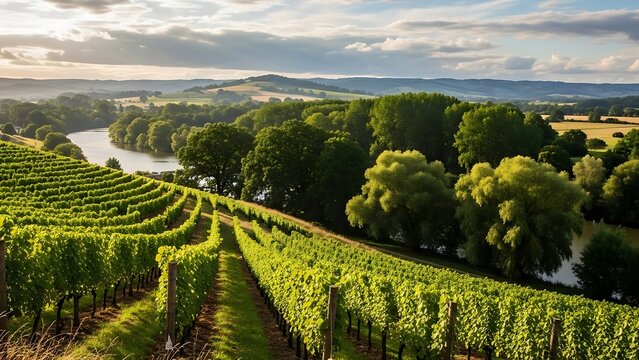 Sunny vineyard landscape with rows of green vines, a dirt path, and a tranquil river backdrop.
