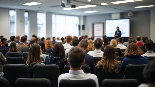 Diverse audience attending a business presentation or conference in a modern conference room