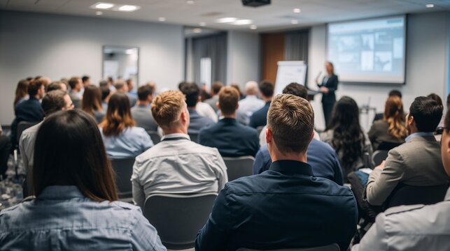 Diverse group of people attending a business conference or seminar with a speaker presenting