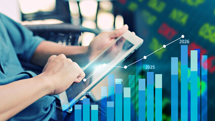 Businessman calculating financial data for long term investment growth goals. financial analysis concept, strategy planning and growth opportunities