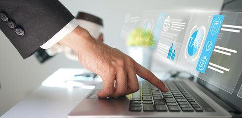 businessman organizing tax checklist through virtual interface. Tax planning services to maximize...