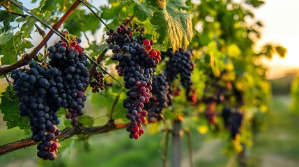 Ripe purple and red grape clusters hanging from vineyard vines at sunset, showcasing wine harvest season in warm golden light.
