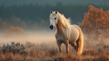 Majestic palomino horse with flowing mane walking through misty autumn meadow at dawn, golden light illuminating its powerful form against foggy forest backdrop.