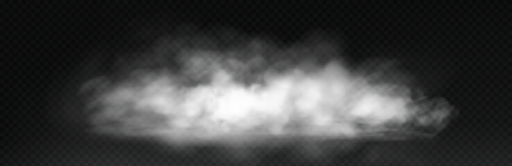 Obraz premium White smoke cloud with overlay effect on dark background. Realistic fog texture spreading along the floor. Atmospheric illustration of misty vapor or haze with dramatic light effect.