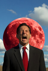 Surreal Portrait of a Man Screaming with a Giant Red Moon Behind Him