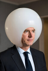 Surreal Portrait of a Businessman Wearing a Large Bubble-Like Helmet