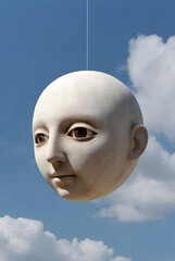 Surreal Floating Sculpture Head Against Blue Sky