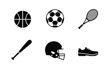 Collection of six black silhouette sports equipment icons