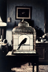 Vintage Birdcage with Silhouetted Bird in Moody Interior Setting