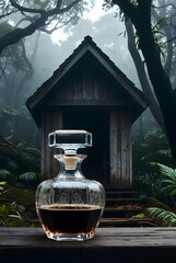 Ornate Glass Decanter Filled with Dark Liquid in Misty Forest Setting