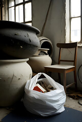 Dusty Workshop Corner With Giant Pots and Trash Bag &ndash; Strange Abandoned Room Scene