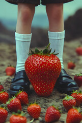 Giant Strawberry at Child&rsquo;s Feet &ndash; Surreal Odd Stock Photo