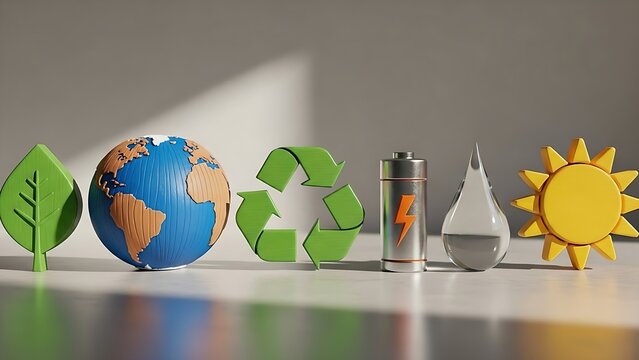 Eco-friendly symbols representing sustainability and renewable energy sources