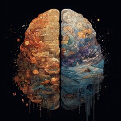 Surreal brain illustration with left side mechanical, warm, and complex, right side organic, cool, and calm, symbolizing creativity and logic in human thought