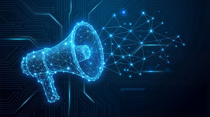 Low Poly Megaphone Digital Announcement Communication Network Marketing Technology.