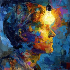 Thoughtful human head profile with colorful abstract paint and glowing light bulb symbolizing creativity and inspiration, vibrant artistic expression in modern style