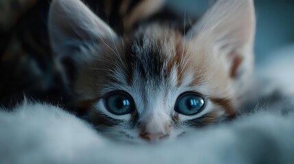 Adorable calico kitten with bright blue eyes peeking over soft blanket, creating heartwarming pet portrait for animal lovers.