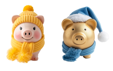 Cute cartoon adorable piggy bank in a hat and scarf isolated on transparent background