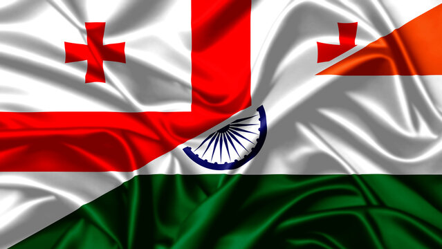 High-quality national flags of India and Georgia blended on silky fabric, representing collaboration between the two countries