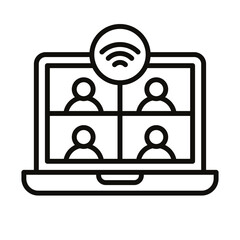 A minimalist line icon representing a virtual team meeting, showing a group video conference on a laptop with an internet connection symbol