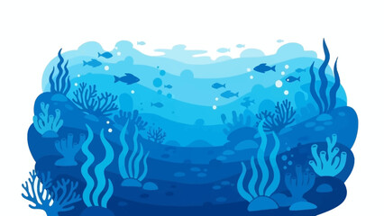 Vector illustration of a tranquil underwater world with marine plants, bubbles, and a school of fish in the deep blue ocean