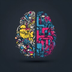 Colorful brain illustration with creative doodles, half yellow and half blue pink, symbolizing imagination and logic, on dark background, modern and artistic style