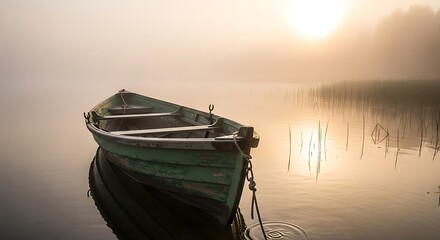Green Rowboat on Foggy Lake at Golden Sunrise
