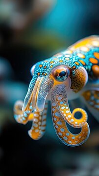 A vibrant close-up of a cuttlefish in an underwater environment, showcasing its intricate patterns and bright colors.