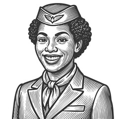 cheerful female flight attendant in classic uniform and hat, ideal for aviation or travel themes sketch engraving fictional character raster illustration. Scratch board. Black and white.