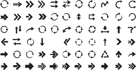 Large collection of arrow icons with rotation symbols, direction signs, curved arrows, reload elements, navigation pointers, and vector orientation graphics
