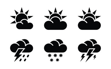 Set of six black weather icons showing sun clouds rain snow and lightning