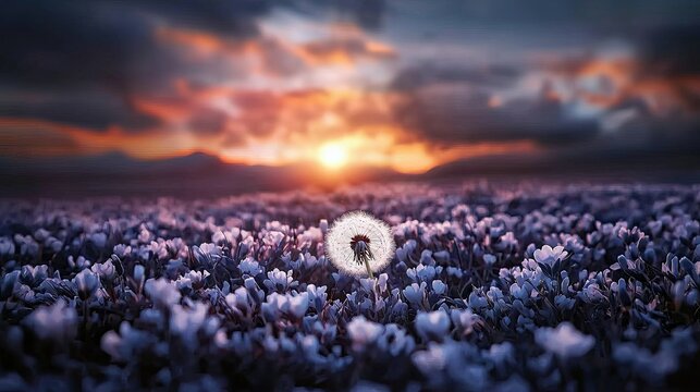A single dandelion seed head stands out in a field of flowers against a dramatic sunset sky. - Powered by Adobe