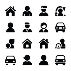Set of black silhouette icons representing people houses and cars